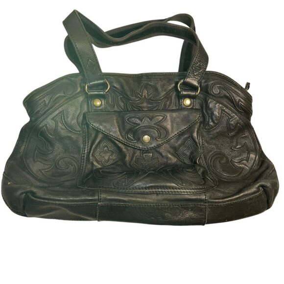 Lucky Brand Black Tooled Leather patterned shoulder hand bag purse - Picture 1 of 9
